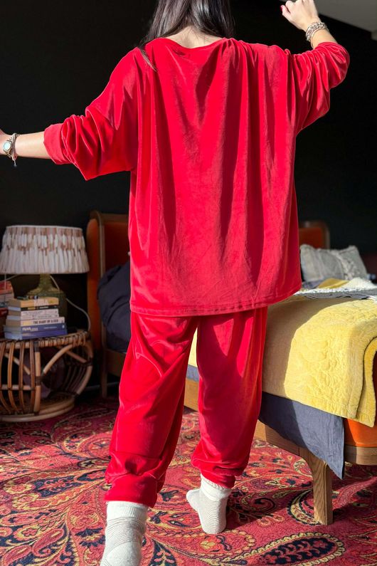 Binky Bow Soft Stretch Velour Lounge Suit Ruby